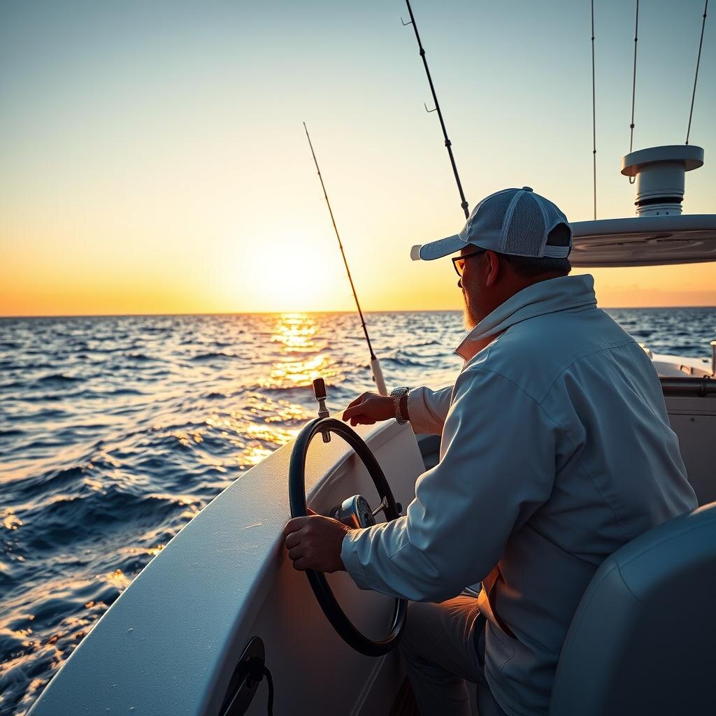 Charter captain at the helm of a sportfishing boat