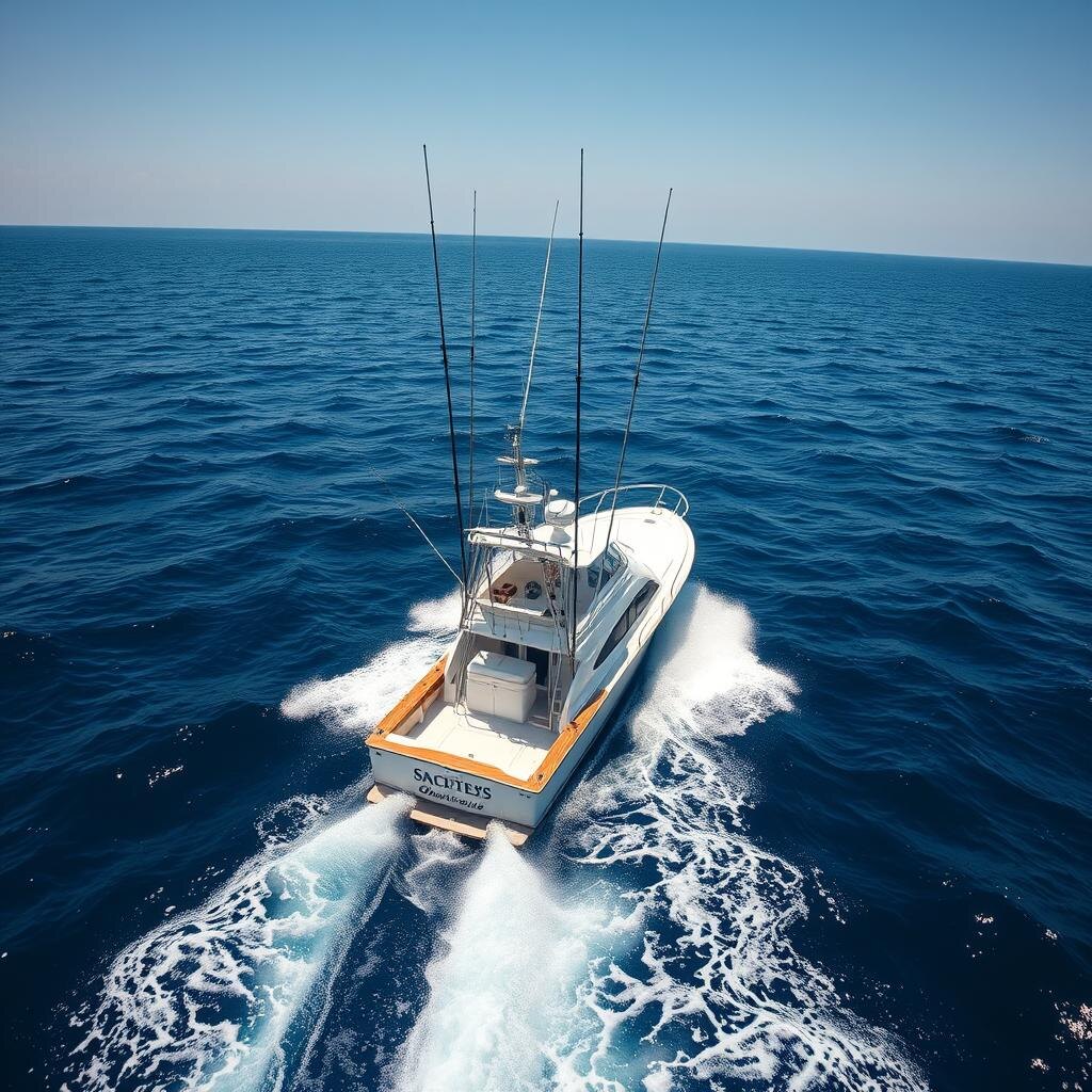 Sportfishing charter boat running offshore on open water